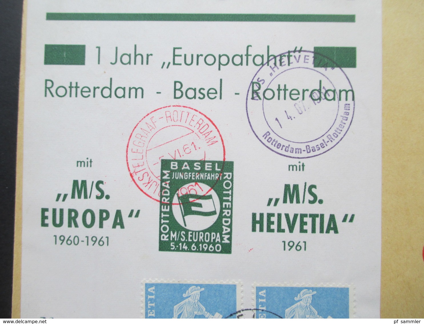 Schweiz 1960 Sonderblatt 1 Jahr Europafahrt Rotterdam Basel Mit Rotem Stempel Und Nr. 721 Als Eckrand Mit Druckdatum - Briefe U. Dokumente