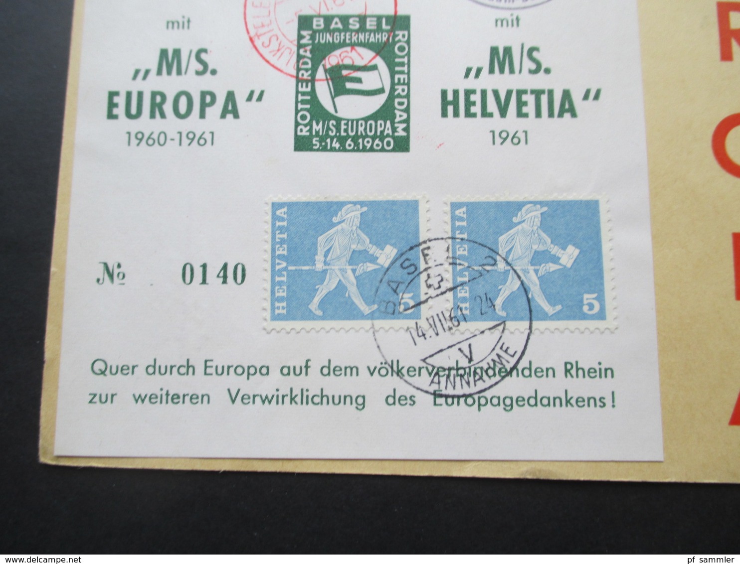 Schweiz 1960 Sonderblatt 1 Jahr Europafahrt Rotterdam Basel Mit Rotem Stempel Und Nr. 721 Als Eckrand Mit Druckdatum - Covers & Documents
