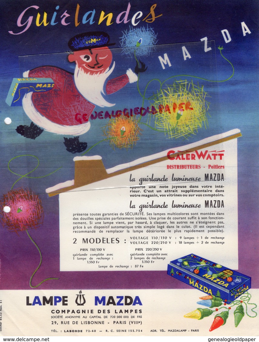 86- POITIERS- RARE PUBLICITE CALERWATT-GUIRLANDES MAZDA-GUIRLANDE LAMPE-29 RUE LISBONNE PARIS- - Advertising