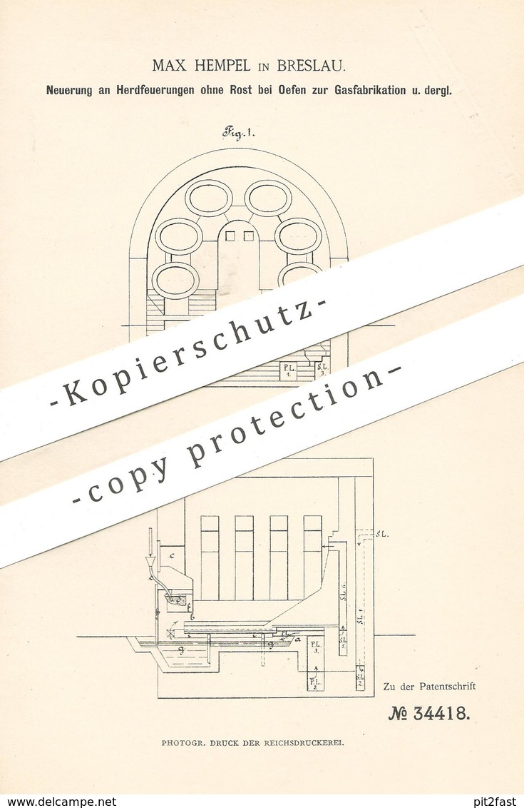Original Patent - Max Hempel , Breslau , Polen , 1885 , Herdfeuerung Ohne Rost Bei Ofen Zur Gasfabrikation | Gas , Öfen - Historische Dokumente