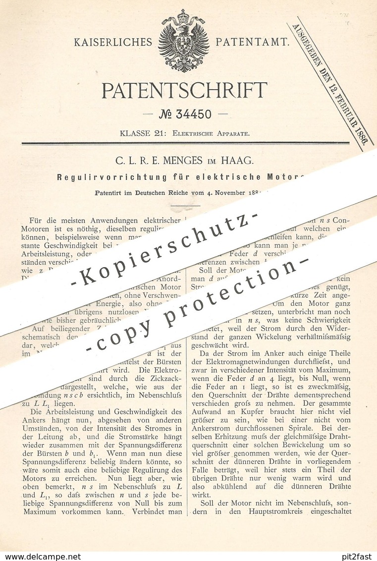 Original Patent - C. L. R. E. Menges Im Haag , 1884 , Regulierung Für Elektr. Motoren | Elektromotor | Motor , Eisenbahn - Historische Dokumente