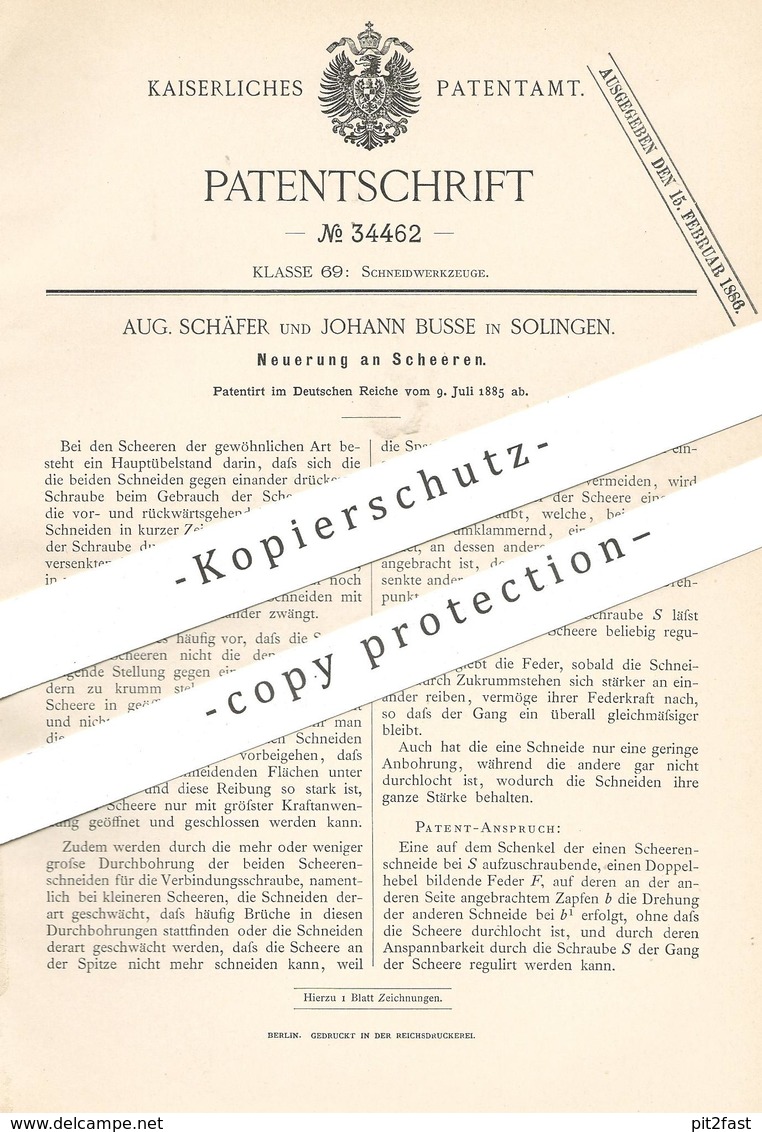 Original Patent - Aug. Schäfer , Johann Busse , Solingen , 1885 , Schere , Scheren | Messer , Klinge , Schneidwerkzeug ! - Historische Dokumente