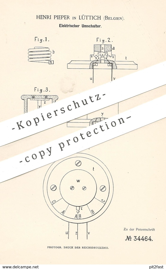 Original Patent - Henri Pieper , Lüttich , Belgien , 1884 , Elektrischer Umschalter | Schalter , Strom , Elektriker !!! - Historische Dokumente