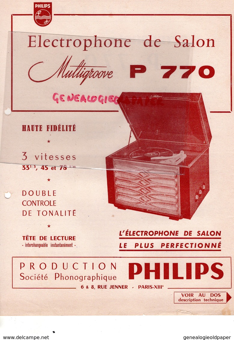 75- PARIS- RARE PUBLICITE ELECTROPHONE SALON MULTIGROOVE P 770- PHILIPS- TOURNE DISQUE -6 RUE JENNER - Werbung