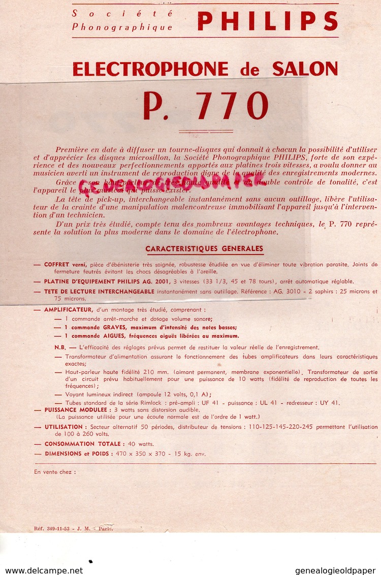 75- PARIS- RARE PUBLICITE ELECTROPHONE SALON MULTIGROOVE P 770- PHILIPS- TOURNE DISQUE -6 RUE JENNER - Werbung