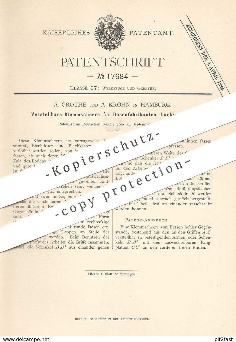 Original Patent - A. Grothe , A. Krohn , Hamburg , 1881 , Klemmschere Für Dosen , Lackierer | Schere , Blechschere !! - Historische Dokumente