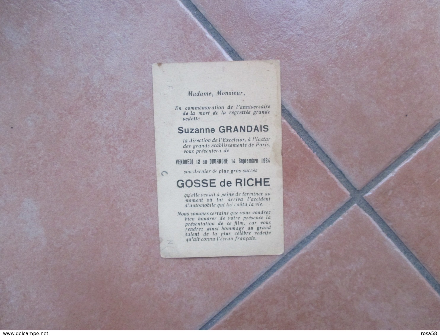 1924 France Suzanne GRANDAIS Dans Gosse De Riche Anniversario Morte Commémoration - Artisti