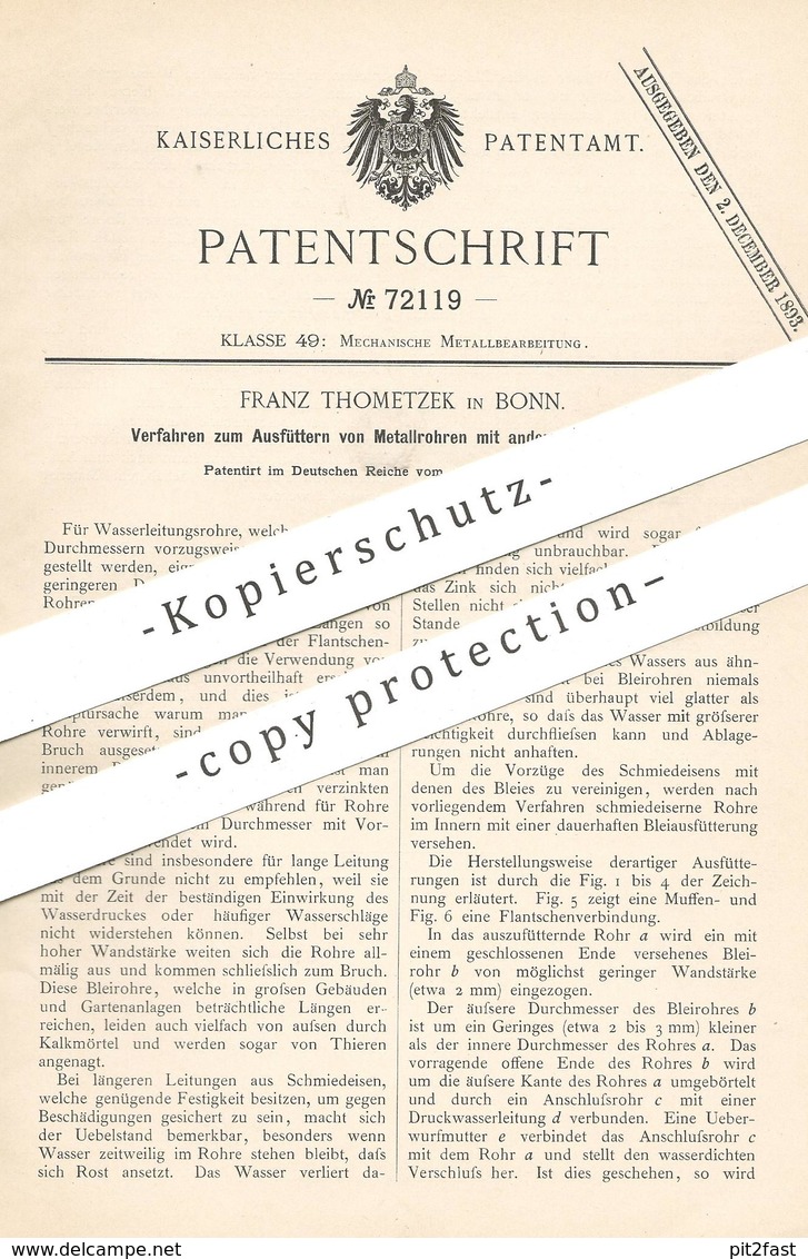 Original Patent - Franz Thometzek , Bonn , 1892 , Ausfüttern Von Metallrohr Mit Anderem Metallrohr | Rohr , Rohre !!! - Historische Dokumente