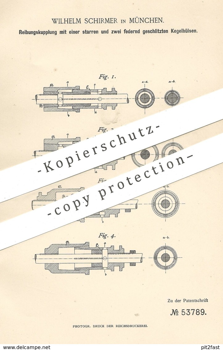 Original Patent - Wilhelm Schirmer , München , 1889 , Reibungskupplung | Kupplung , Eisenbahn , Kupplungen !! - Historische Dokumente