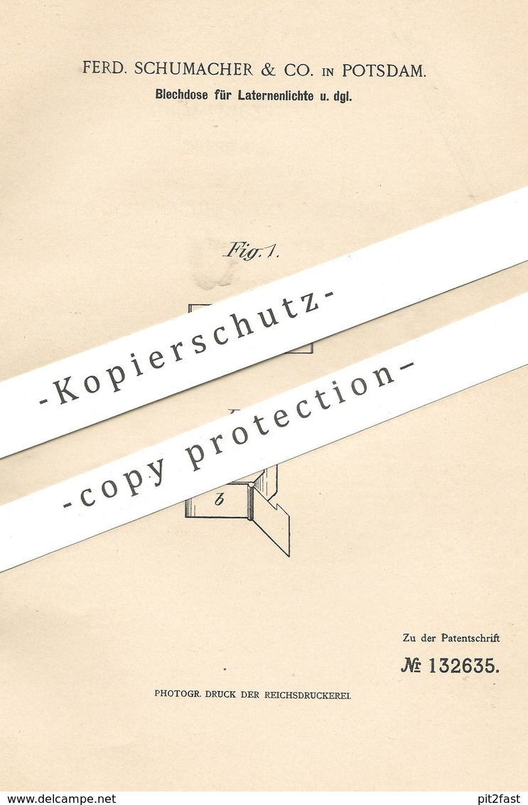 Original Patent - Ferd. Schumacher & Co. , Potsdam , 1901 , Blechdose Für Laternenlicht | Dose , Laterne , Licht , Lampe - Historische Dokumente