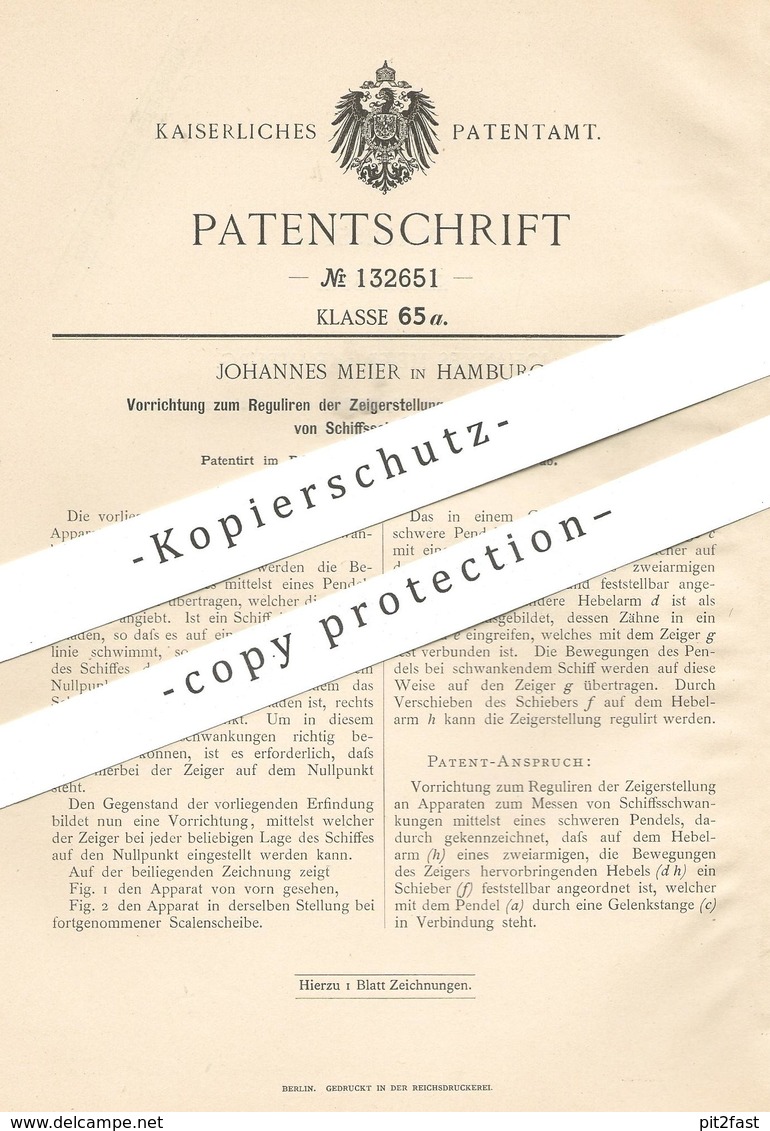 Original Patent - Johannes Meier , Hamburg , 1901 , Messen Von Schiffsschwankung | Schiff , Schiffbau , Pendel , Schiffe - Historische Dokumente