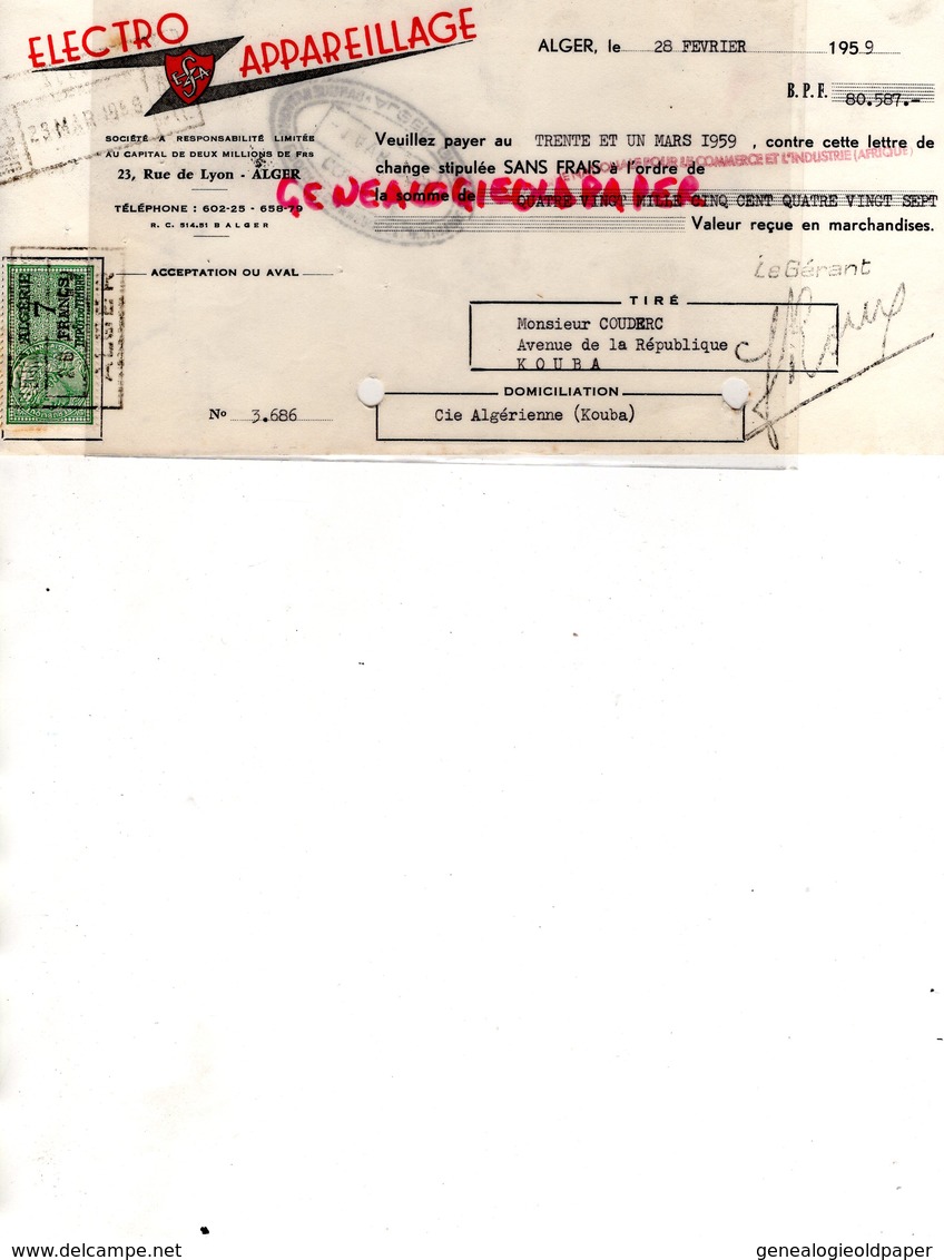 ALGERIE - ALGER- RARE TRAITE ELECTRO APPAREILLAGE -23 RUE LYON- A M. COUDERC KOUBA- 1959 - Sonstige & Ohne Zuordnung