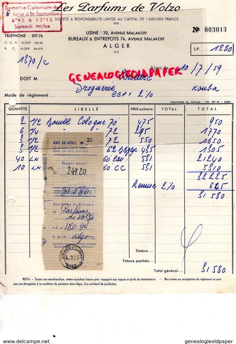 ALGERIE - ALGER- RARE FACTURE LES PARFUMS DE VOLZO-PARFUMERIE- PARFUM- COLOGNE- 74 AVENUE MALAKOFF-1959 - Autres & Non Classés
