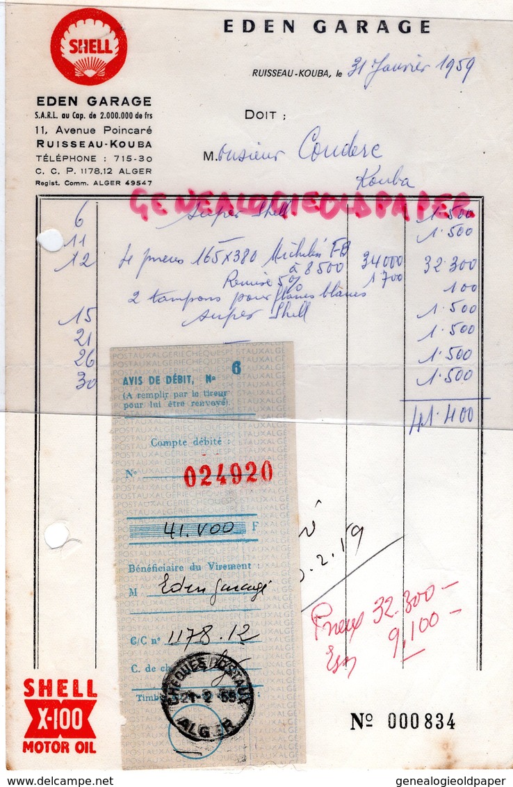 ALGERIE - ALGER- RARE FACTURE EDEN GARAGE - SHELL-11 AVENUE POINCARE - RUISSEAU KOUBA- 1959 - Otros & Sin Clasificación