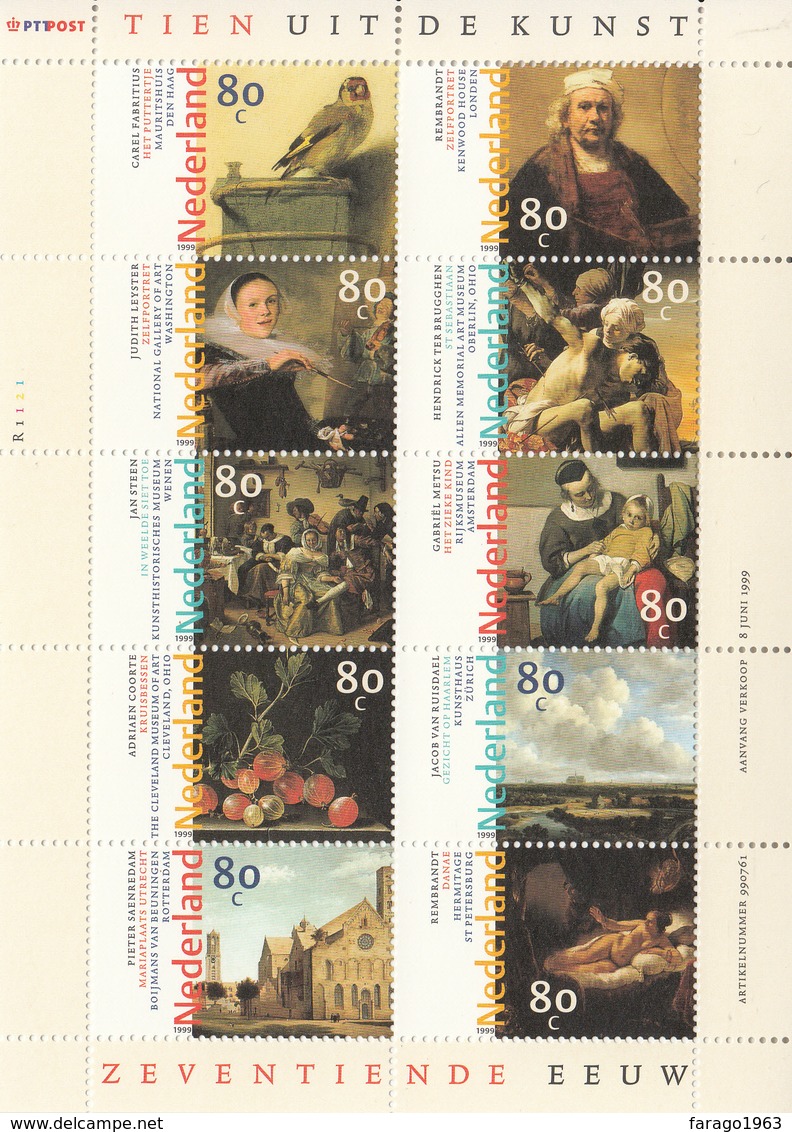 1999 Netherlands Art Paintings Rembrandt Miniature Sheet MNH - Rembrandt