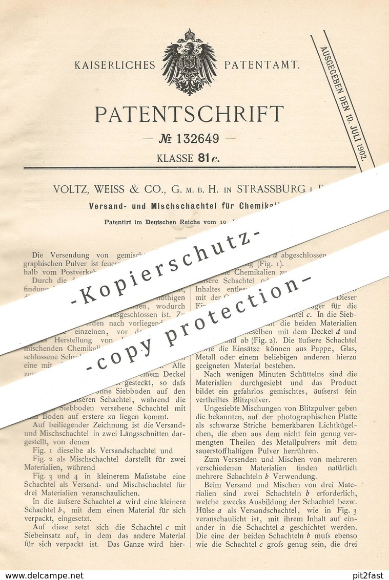 Original Patent - Voltz , Weiss & Co. GmbH , Strassburg / Elsass , 1901 , Schachtel Zum Versand Von Chemikalien | Karton - Historische Dokumente