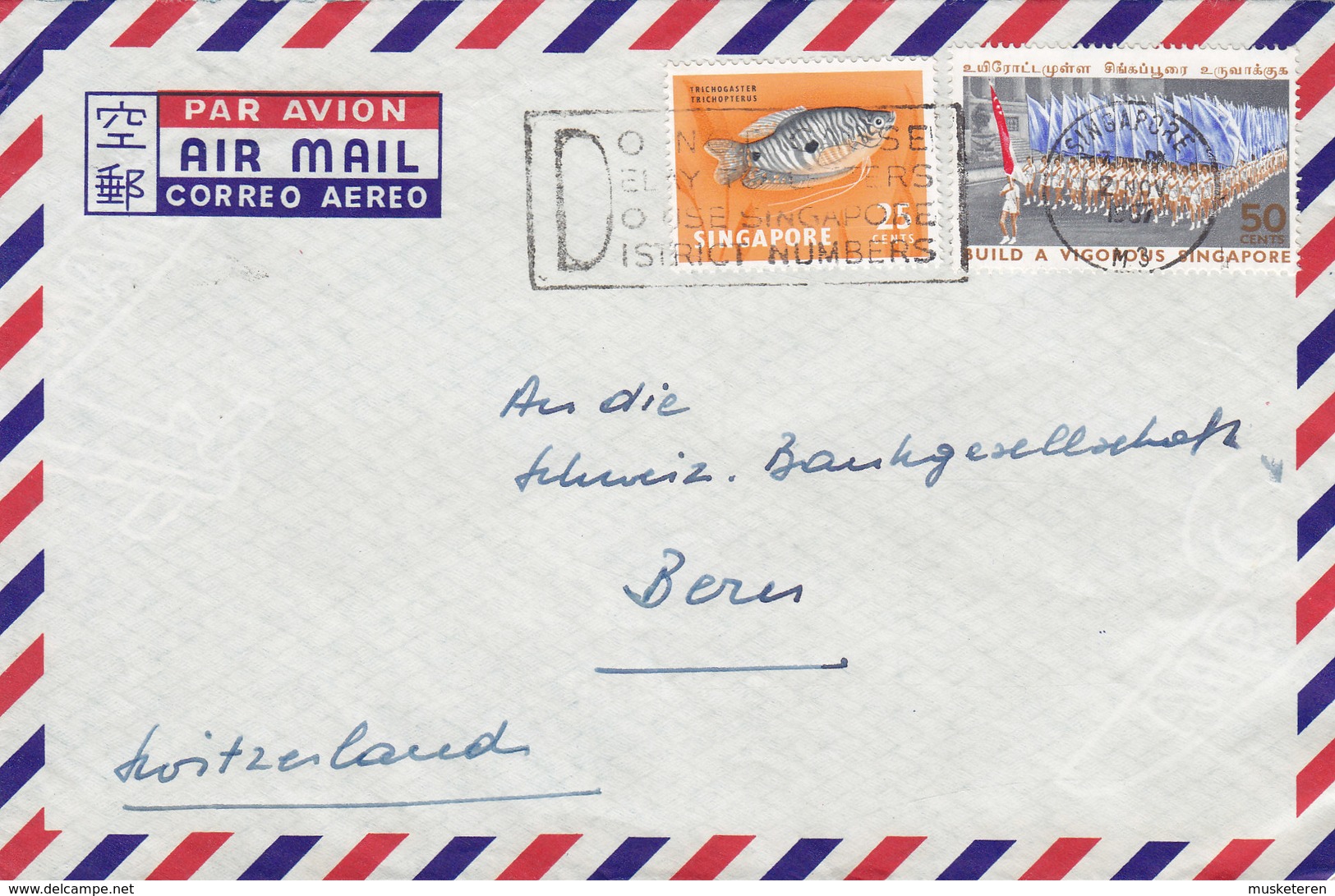 Singapore Air Mail Slogan Flamme SINGAPORE 1967 Cover Brief Schweiz. Bankgesellschaft BERN Fish Fisch Flaggenparade - Singapur (1959-...)