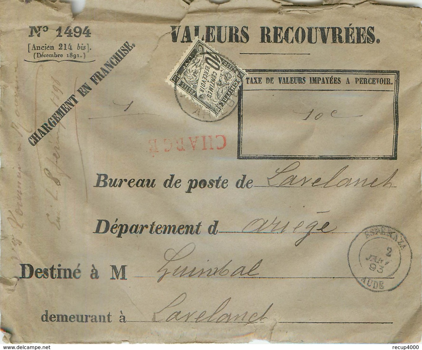 LETTRE TAXE  1893  10c Noir Valeurs Recouvrées D'espéraza à Lavelanet  Avec Traite Et Bordereau  6scans - 1859-1959 Cartas & Documentos