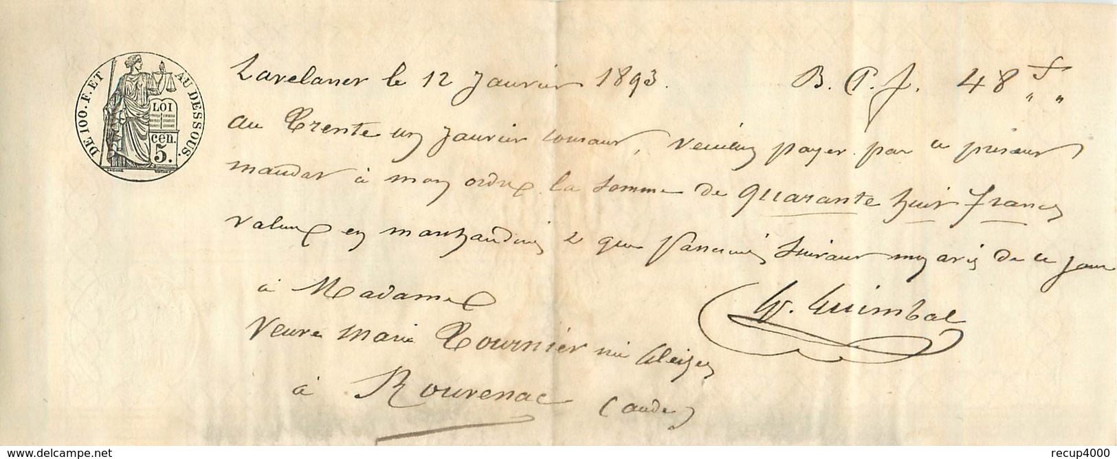 LETTRE TAXE  1893  10c Noir Valeurs Recouvrées D'espéraza à Lavelanet  Avec Traite Et Bordereau  6scans - 1859-1959 Cartas & Documentos