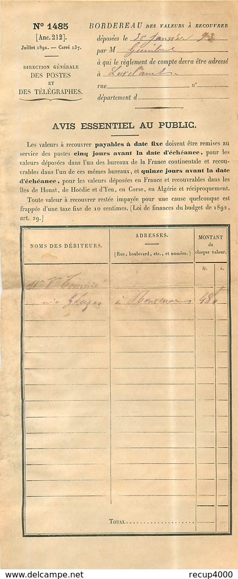 LETTRE TAXE  1893  10c Noir Valeurs Recouvrées D'espéraza à Lavelanet  Avec Traite Et Bordereau  6scans - 1859-1959 Cartas & Documentos