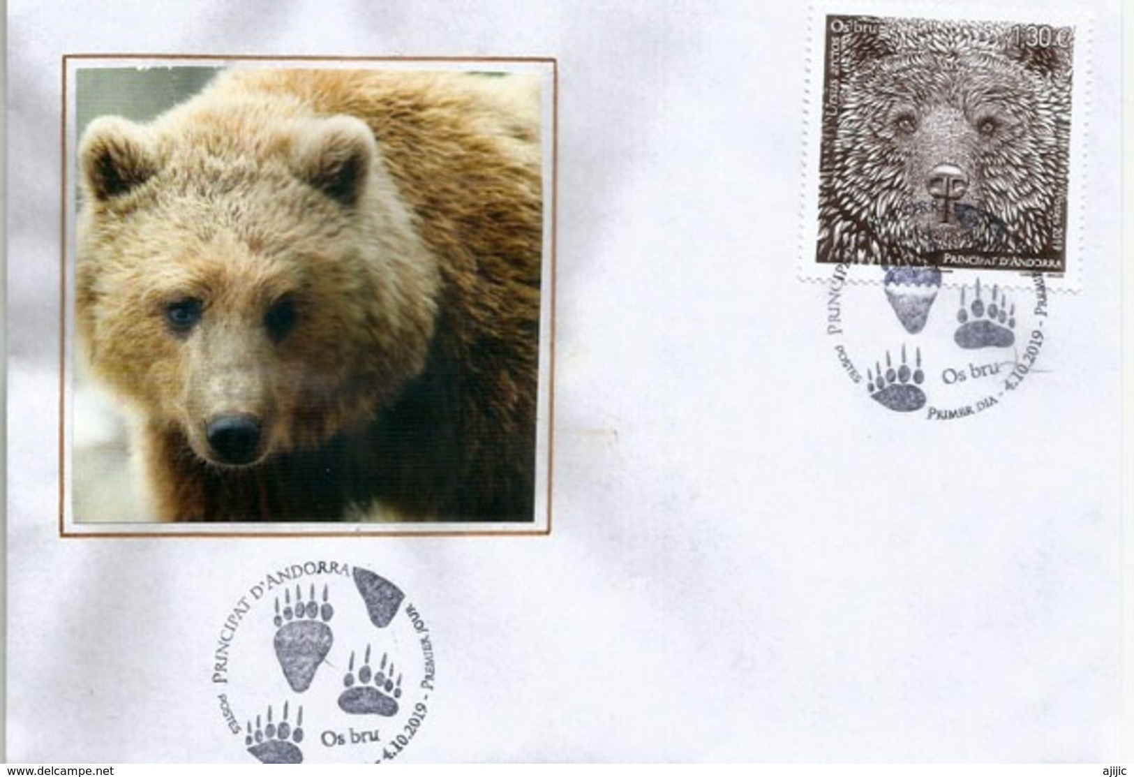 ANDORRA. L'Ours Brun Des Pyrénées,  Oblitération PJ  Illustrée  "pattes D''Óurs".  Andorra. 4 Octobre 2019 - Cartas & Documentos