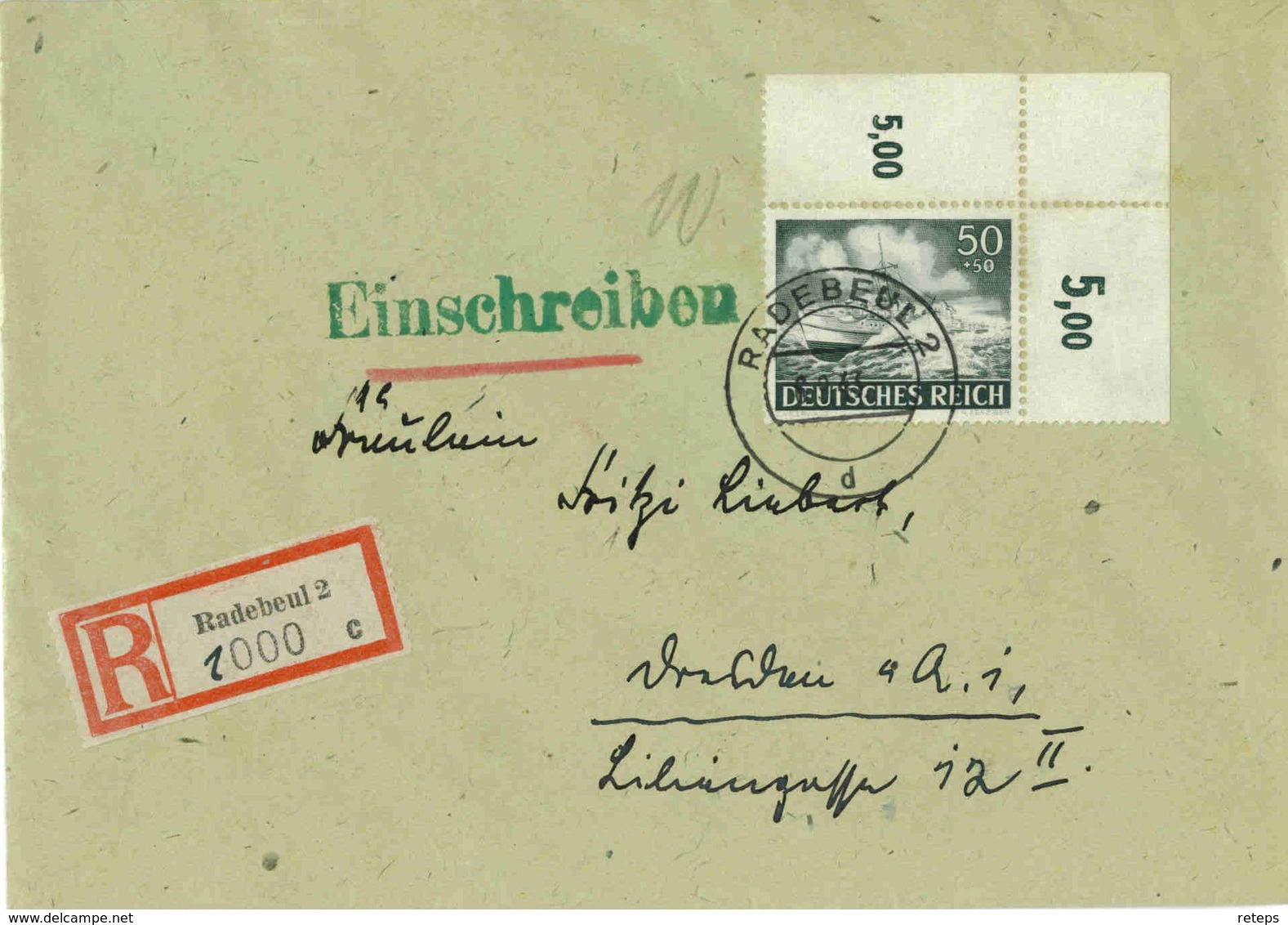 DR Mi-Nr 842 /Wehrmacht1943,  echt Gelaufener R-Brief,  OberrandStück,  EF - Briefe U. Dokumente