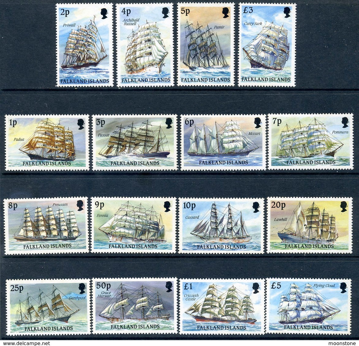 Falkland Islands 1989 Cape Horners Sailing Ships Definitives Set Of 16, MNH, SG 567/82 - Falkland