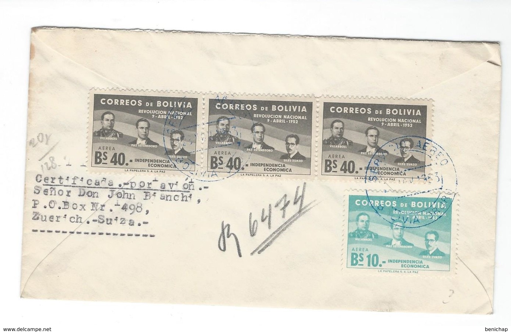 COVER CORREO BOLIVIA - VIA AIR MAIL- CERTIFICATE - ZURICH - SUIZA. - Bolivië