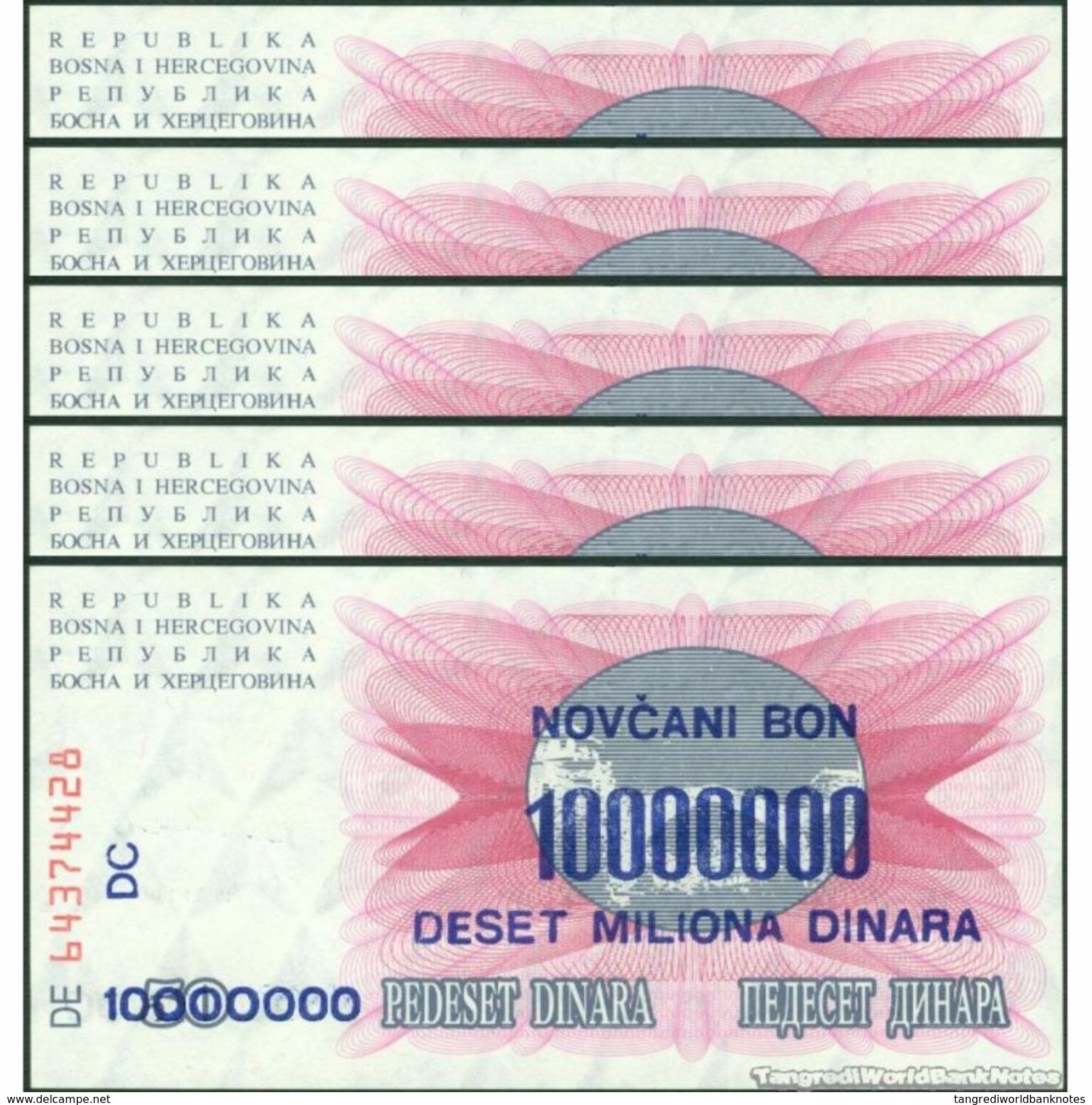 TWN - BOSNIA-HERZEGOVINA 36 - 10000000 10.000.000 Dinara 10.11.1993 DEALERS LOT X 5 - Various Prefixes UNC - Bosnia Y Herzegovina