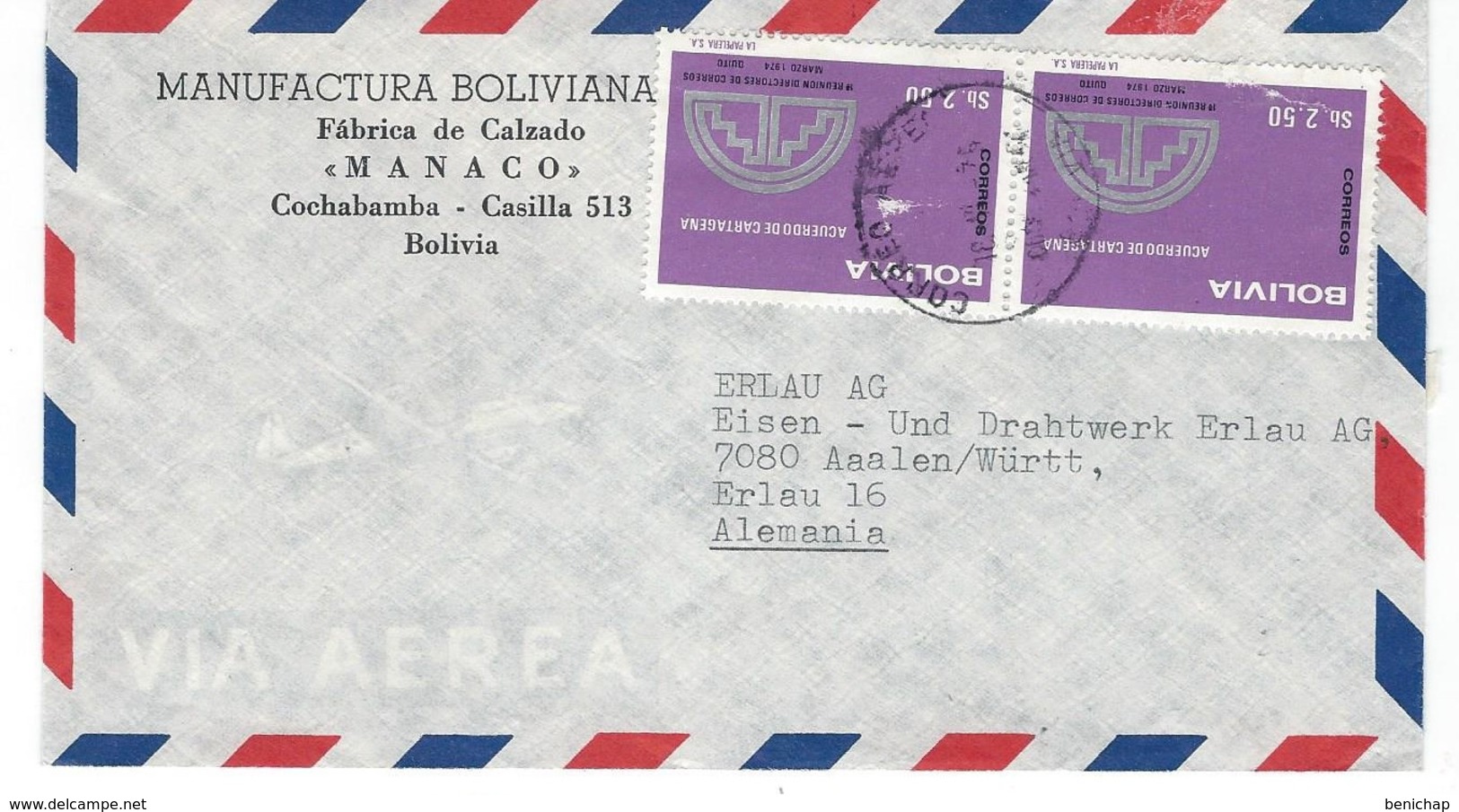 COVER CORREO BOLIVIA - VIA AIR MAIL - MANUFACTURA BOLIVIANA - FABRICA DE CALZADO - COCHABAMBA - ALEMANIA. - Bolivie
