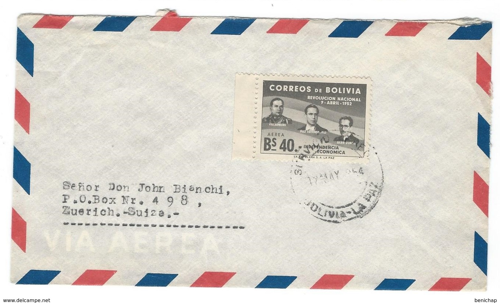 COVER CORREO BOLIVIA - VIA AIR MAIL - ZUERICH - SUIZA. - Bolivie