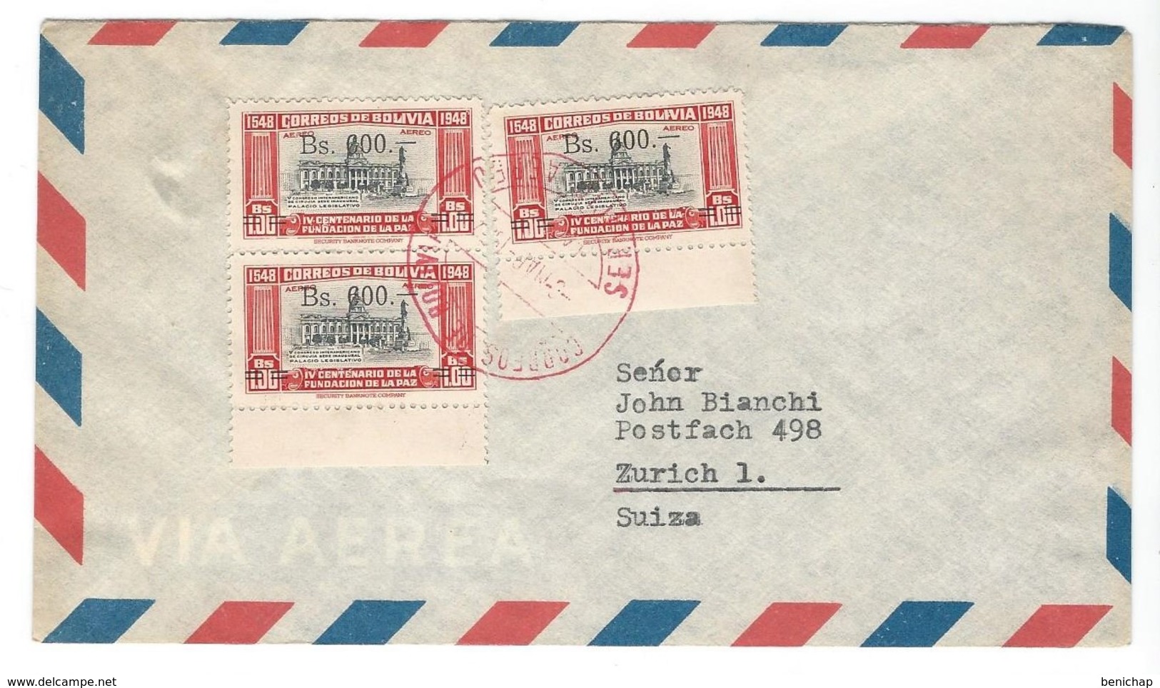 COVER CORREO BOLIVIA - VIA AIR MAIL - ZUERICH - SUIZA. - Bolivie