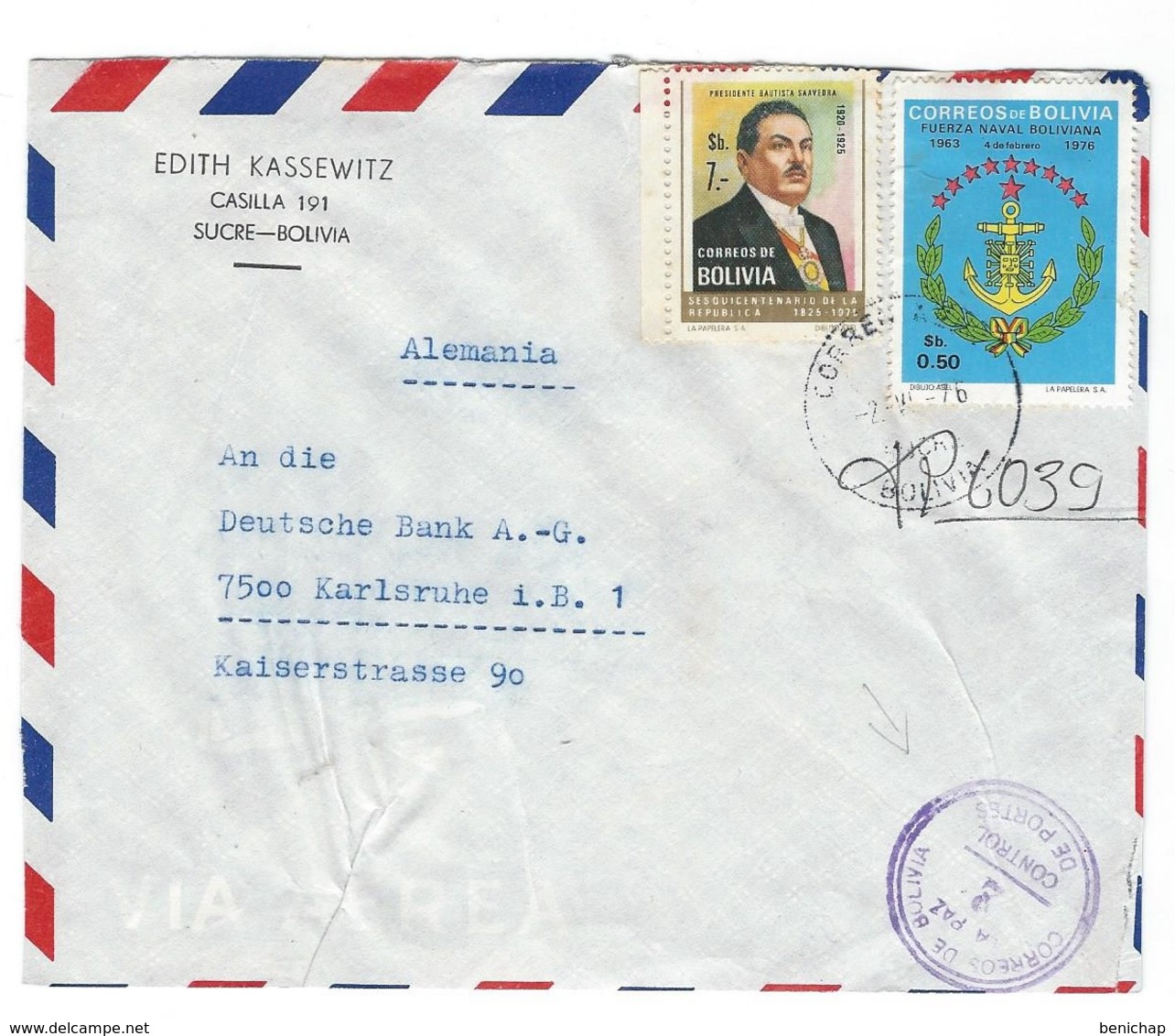 COVER CORREO BOLIVIA - VIA AIR MAIL - SUCRE - KARLSRUHE - ALEMANIA. - Bolivie