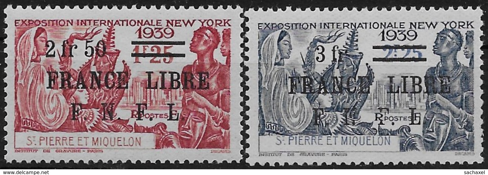 1941 - 1942 Saint Pierre Et Miquelon N° 283 284  Nf** . MNH . Surcharge France Libre. Exposition De New York. - Neufs