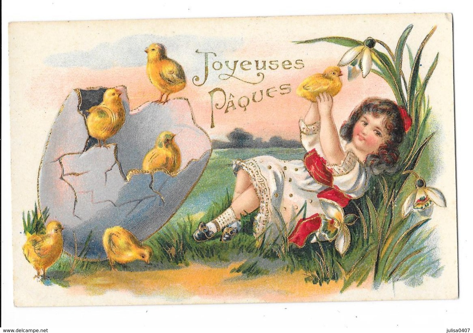 JOYEUSES PAQUES Carte Fantaisie Gaufrée Fillette Robe Blanche Oeuf Poussins - Andere & Zonder Classificatie