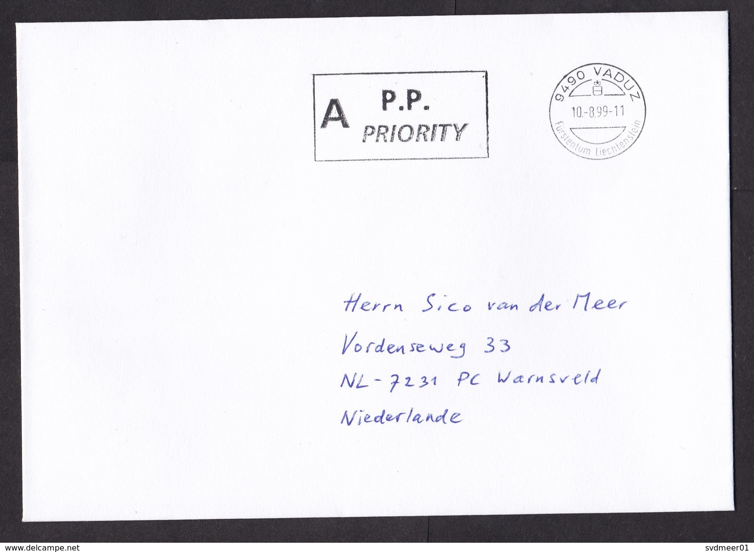 Liechtenstein: Priority Cover To Netherlands, 1999, Cancel P.P., Postage Paid (traces Of Use) - Briefe U. Dokumente