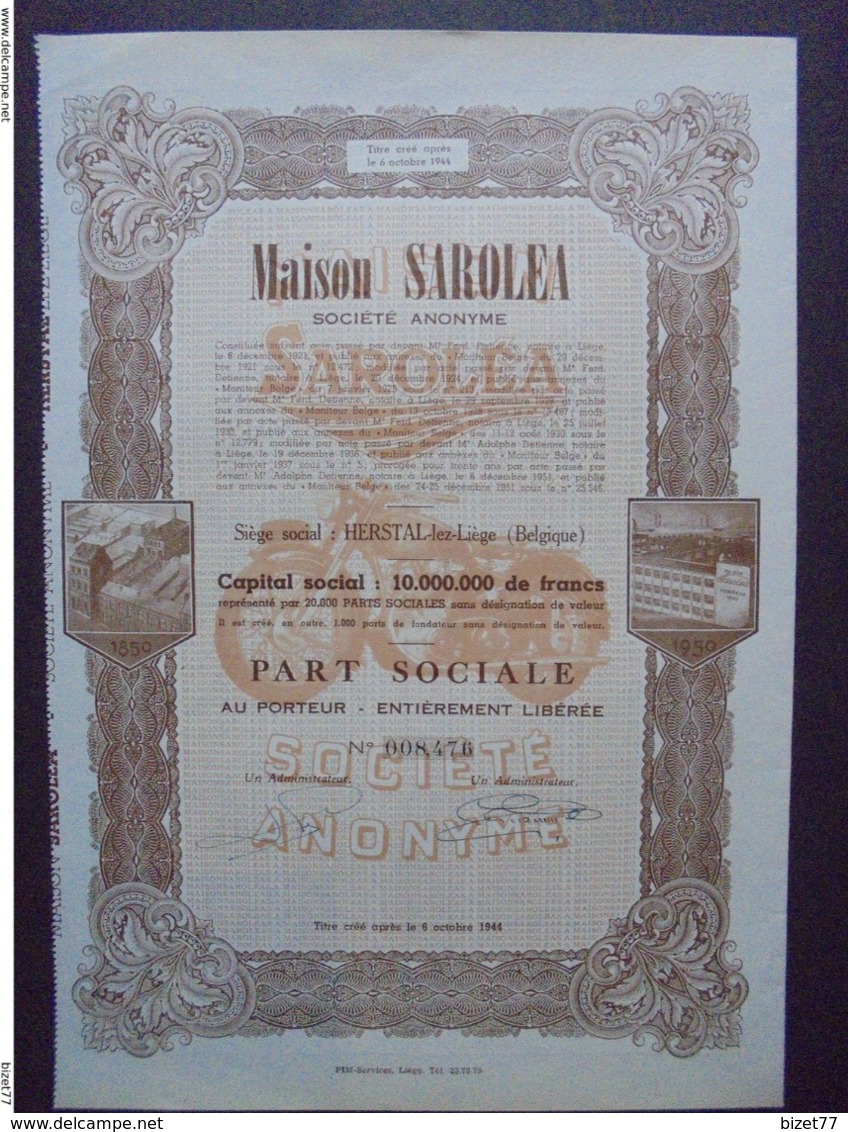 BELGIQUE - HERSTAL LEZ LIEGE - MOTOS - MAISON SAROLEA - PART SOCIALE - BELLES VIGNETTES - Altri & Non Classificati