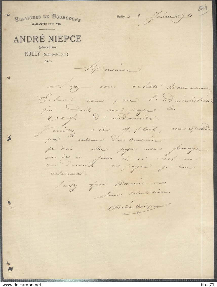 Courrier " Vinaigre De Bourgogne - André Niepce à Rully " 4/01/1894 - 1800 – 1899
