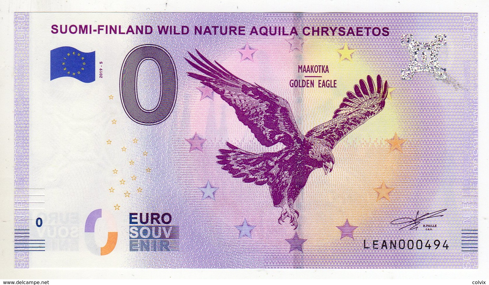 2019-5 BILLET TOURISTIQUE FINLANDE 0 EURO SOUVENIR N°LEAN000494 SUOMI FINLAND WILD NATURE AIGLE - Essais Privés / Non-officiels