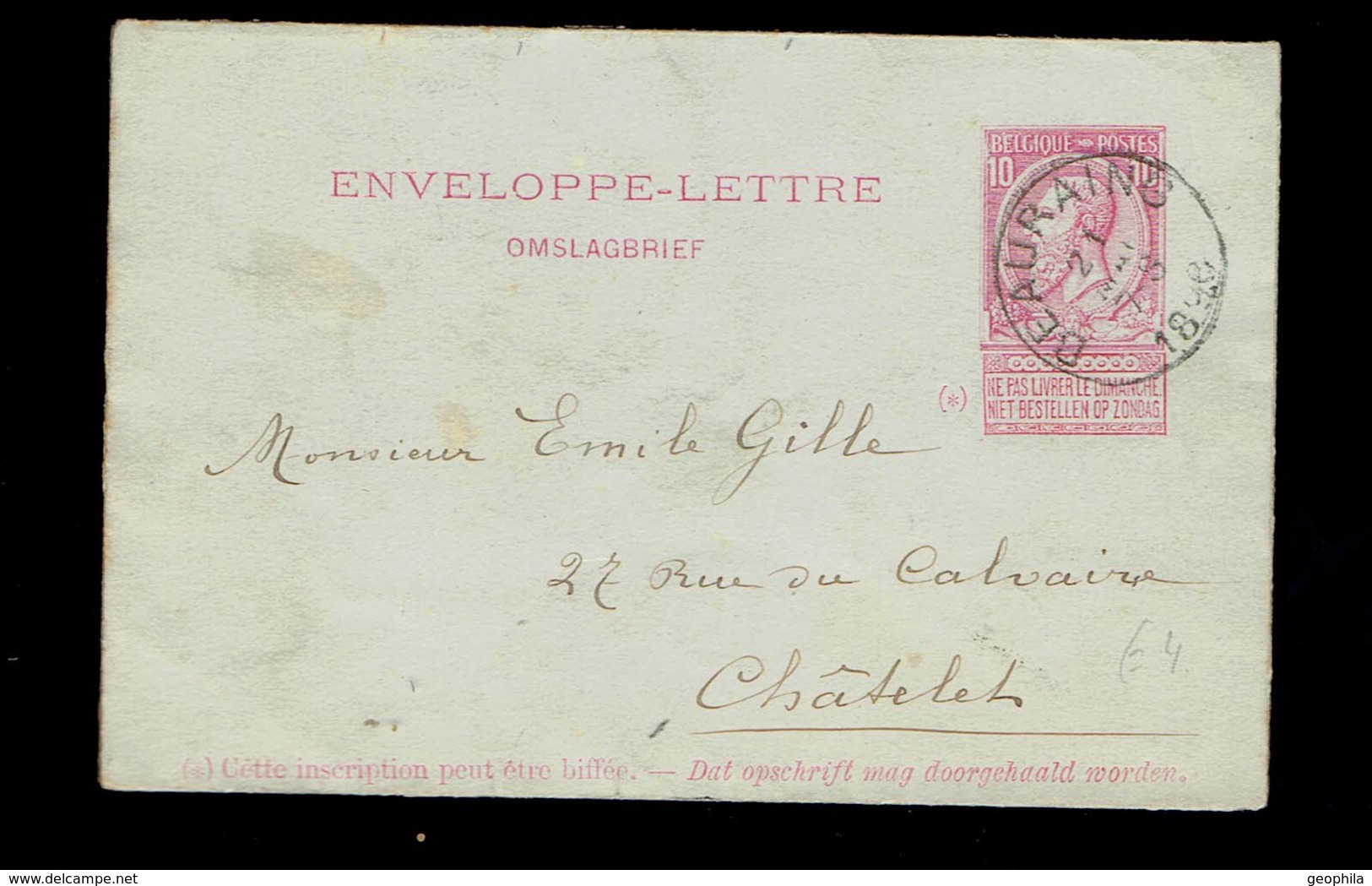 Enveloppe-lettre 2b De SC Beauraing Vers Chatelet 21 MAI 1898 - Enveloppes-lettres