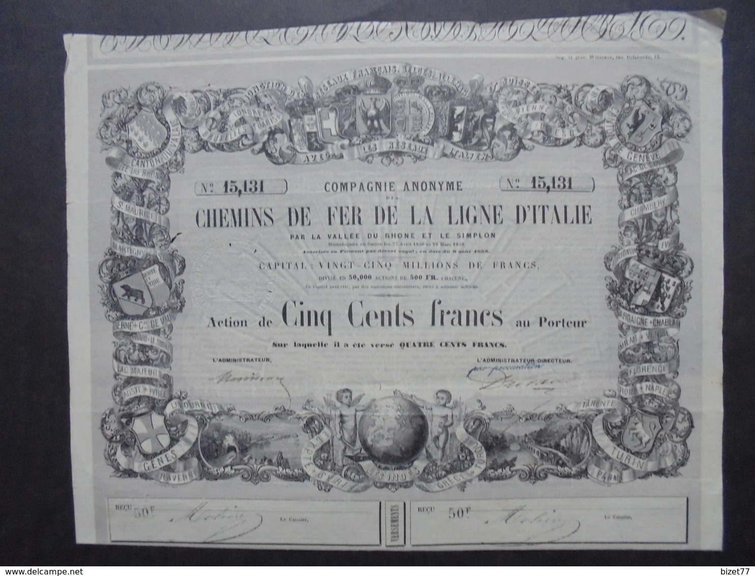 FRANCE - 1858 - CDF DE LA LIGNE D'ITALIE PAR VALLEE DU RHONE ET DU SIMPLON - ACTION 500 FRS - BELLE ILLUSTRATION - Altri & Non Classificati