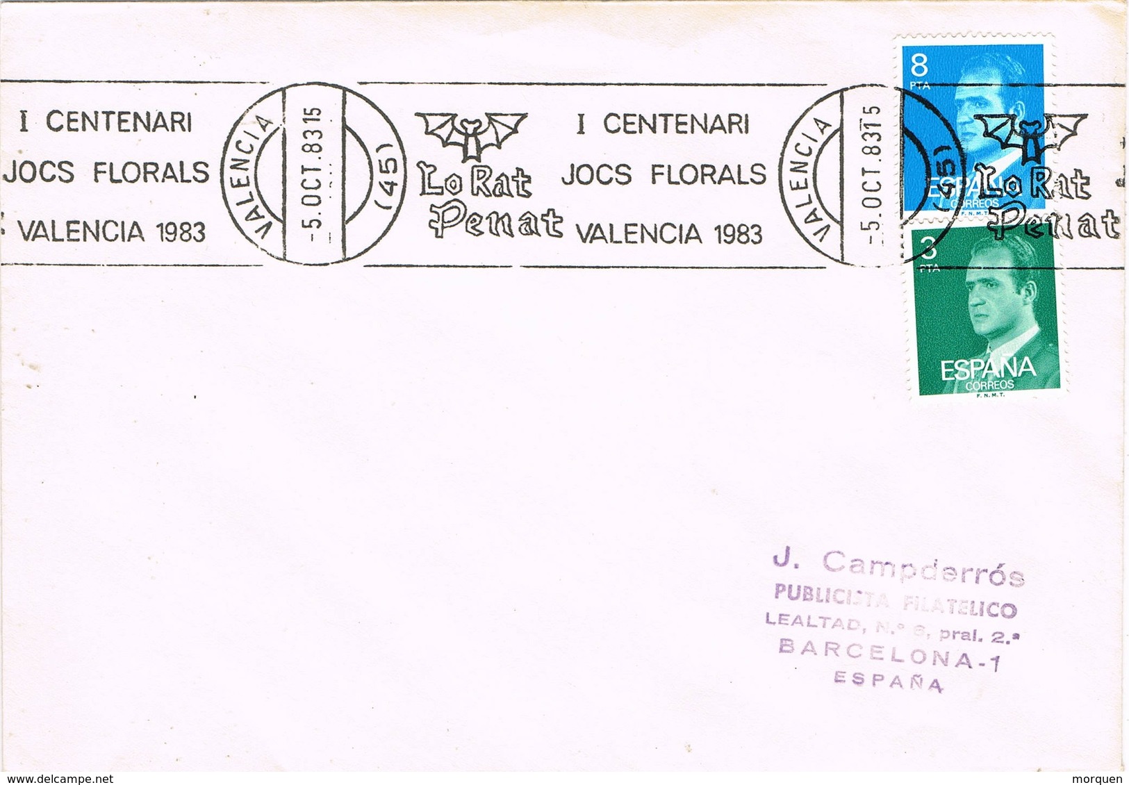 34824. Carta VALENCIA 1983. Rodillo Especial LO RAT PENAT, I Centenari Jocs Florals - Cartas & Documentos