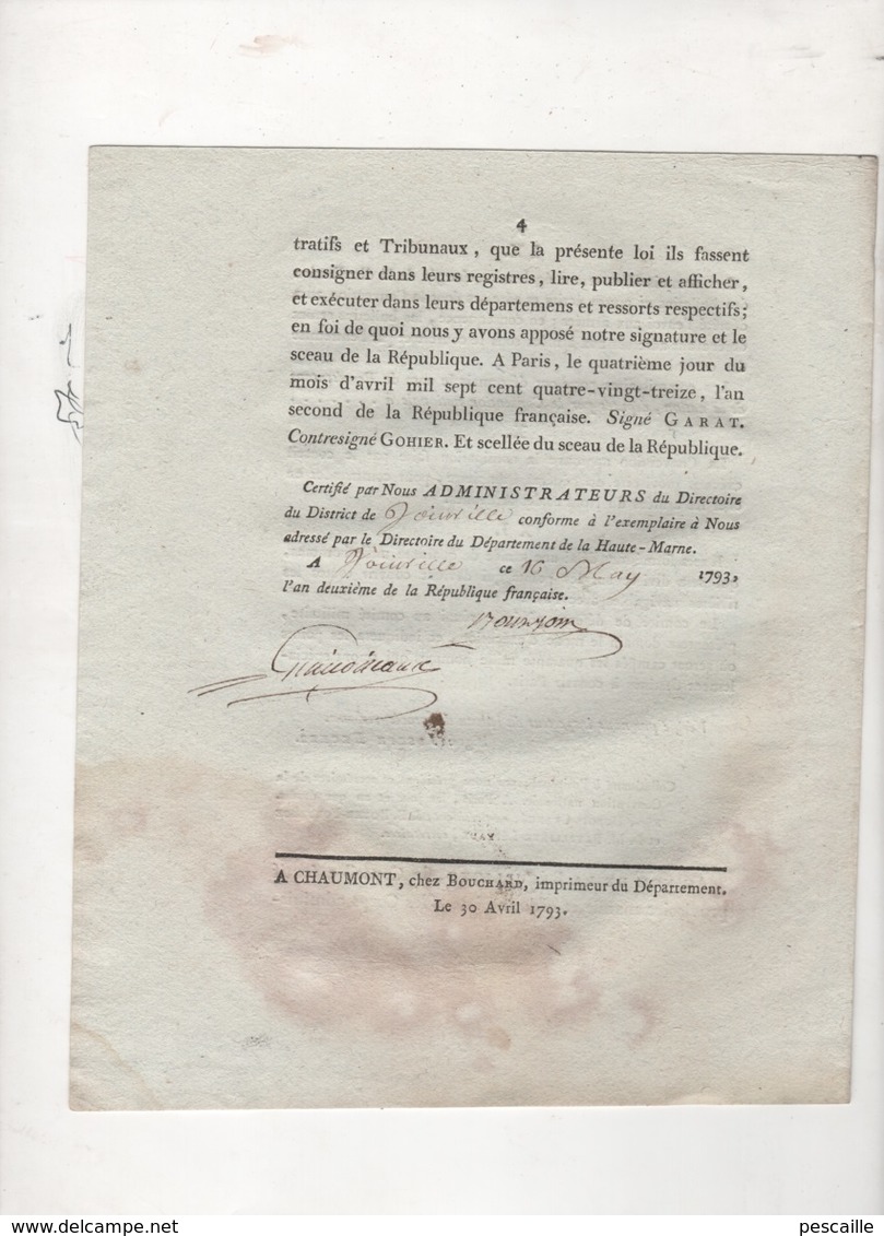 1793 - DECRET CONVENTION NATIONALE MINISTRE DE LA GUERRE / ARMEES DU NORD & DES ARDENNES - 52 HAUTE MARNE JOINVILLE - Decrees & Laws