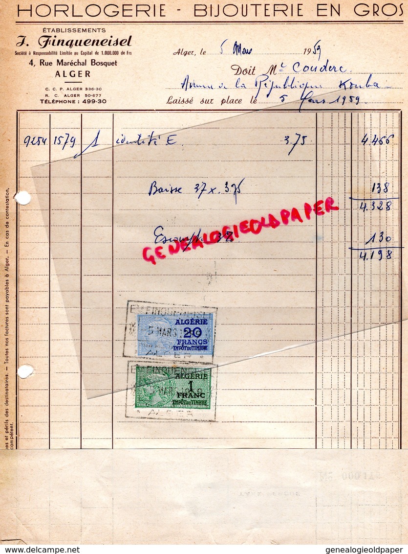 ALGERIE- ALGER RARE FACTURE J. FINQUENEISEL -HORLOGERIE BIJOUTERIE- HORLOGER BIJOUTIER-4 RUE MARECHAL BOSQUET- 1959 - Other & Unclassified