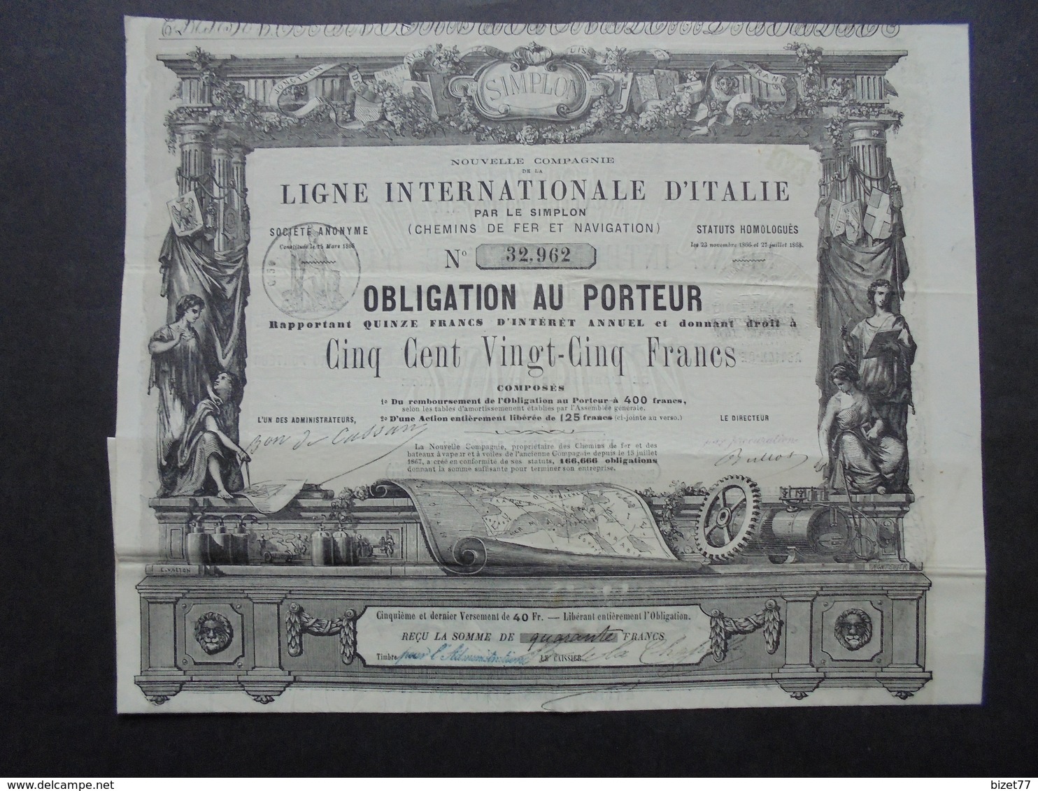 FRANCE - CIE LIGNE INTERNATIONALE D'ITALIE PAR LE SIMPLON - OBLIGATION 125 FRS - BELLE ILLUSTRATION, RECTO-VERSO - Altri & Non Classificati