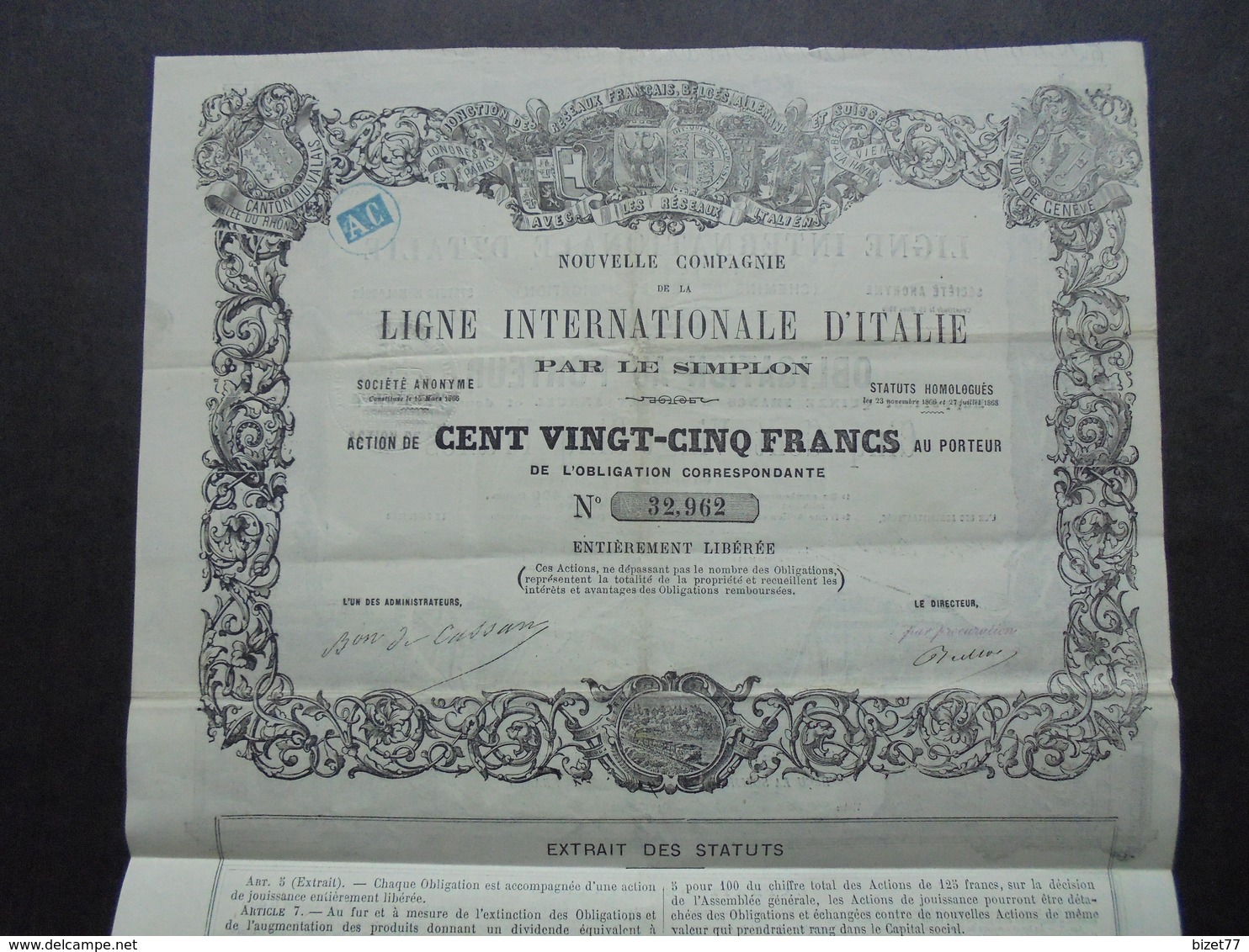 FRANCE - CIE LIGNE INTERNATIONALE D'ITALIE PAR LE SIMPLON - OBLIGATION 125 FRS - BELLE ILLUSTRATION, RECTO-VERSO - Altri & Non Classificati