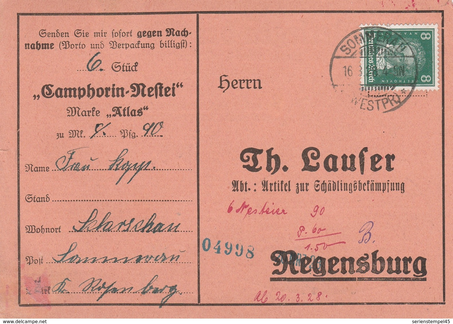 Westpreussen Deutsches Reich Karte Mit Tagesstempel SOmmerau Westpr. Rosenberg RB Marienwerder 1928 Werbung - Covers & Documents