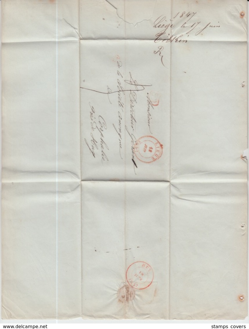 BELGIUM USED COVER 18/06/1847 LIEGE HUY CACHETS - 1830-1849 (Belgique Indépendante)