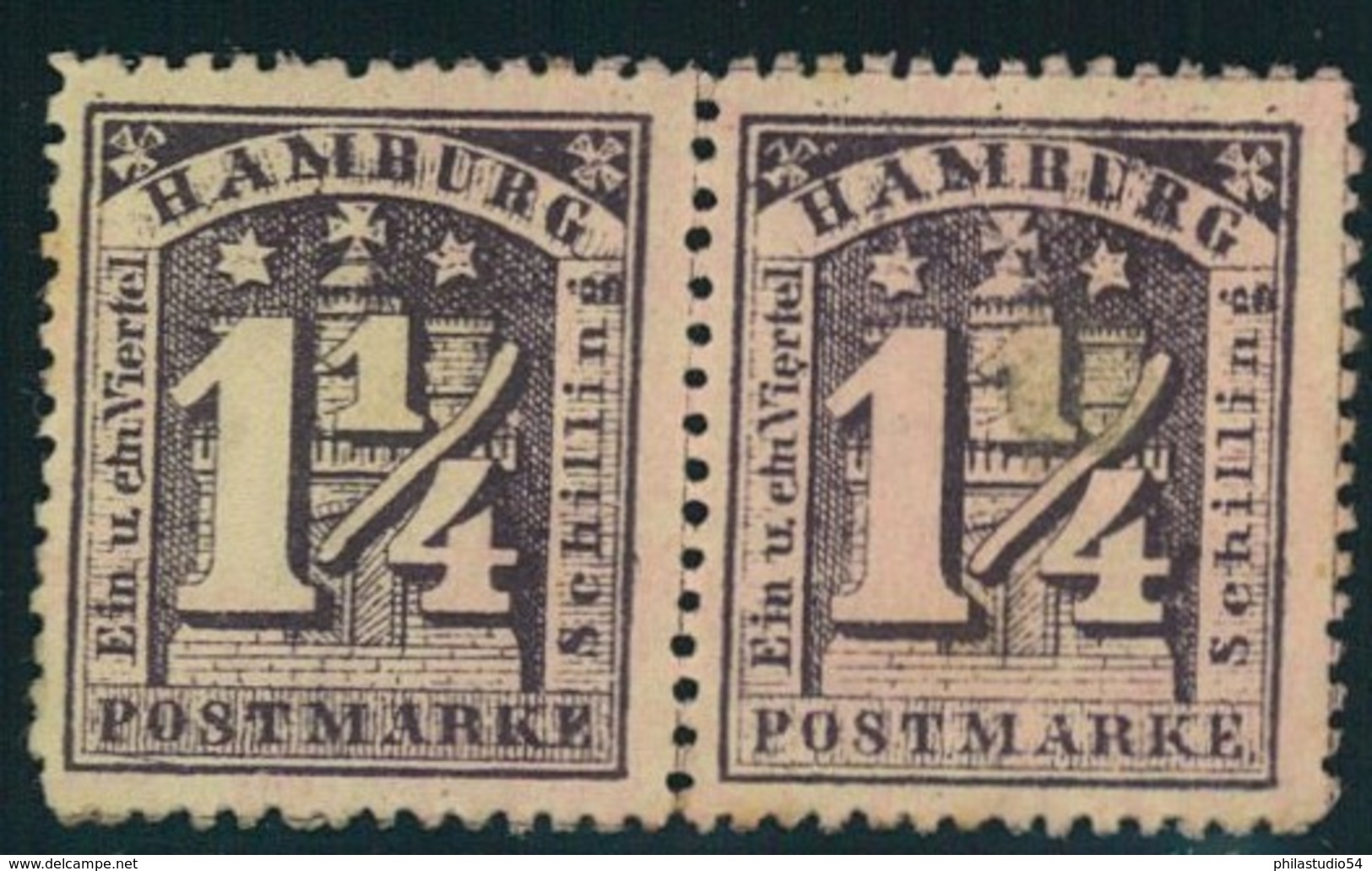 1864, 1 1/4 Schilling Grauviolett M. Waag. Paar, Druckstein II Ohne Gummi - Mi-Nr. 12 A II (*) - Hamburg (Amburgo)