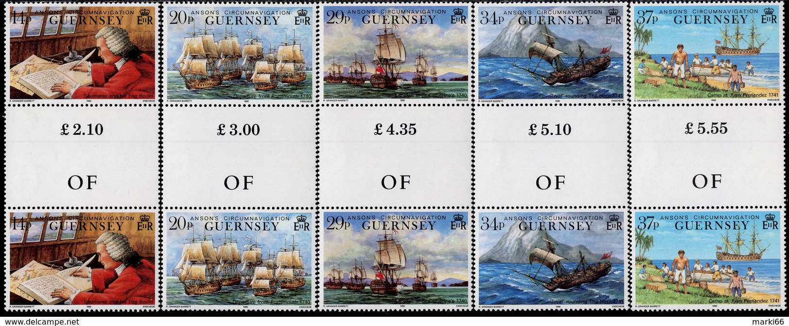 Guernsey - 1990 - 250th Anniversary Of Journey Around The World By George Anson - Mint Gutter Pairs Set - Guernsey